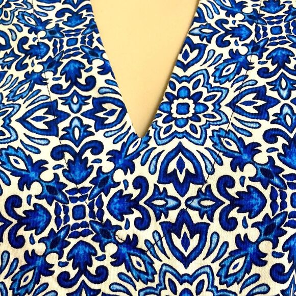 LANDS END Floral Geometric Sleeveless Casual Summer Dress Blue White Medium - Picture 10 of 12